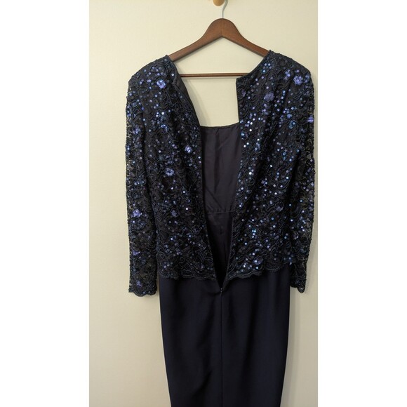 Scala Womens Gown Size 10 Formal Navy Blue Beaded Sequin Event Wedding Lace Mesh - Picture 9 of 14